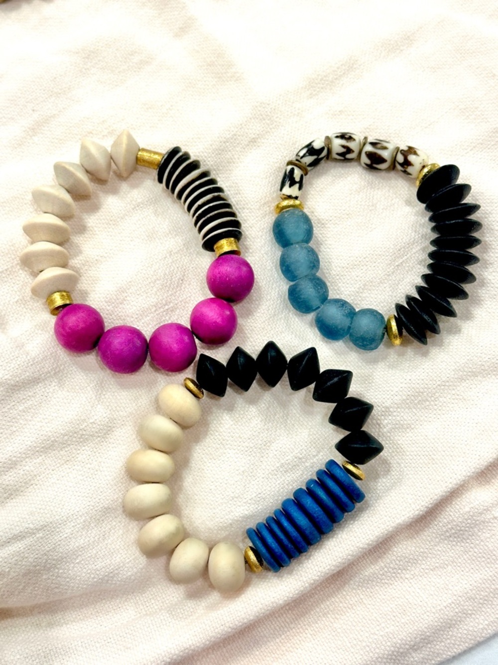 Set of Three Beaded Stretch Bracelets — Pink, Blue, Cream & Black Accents